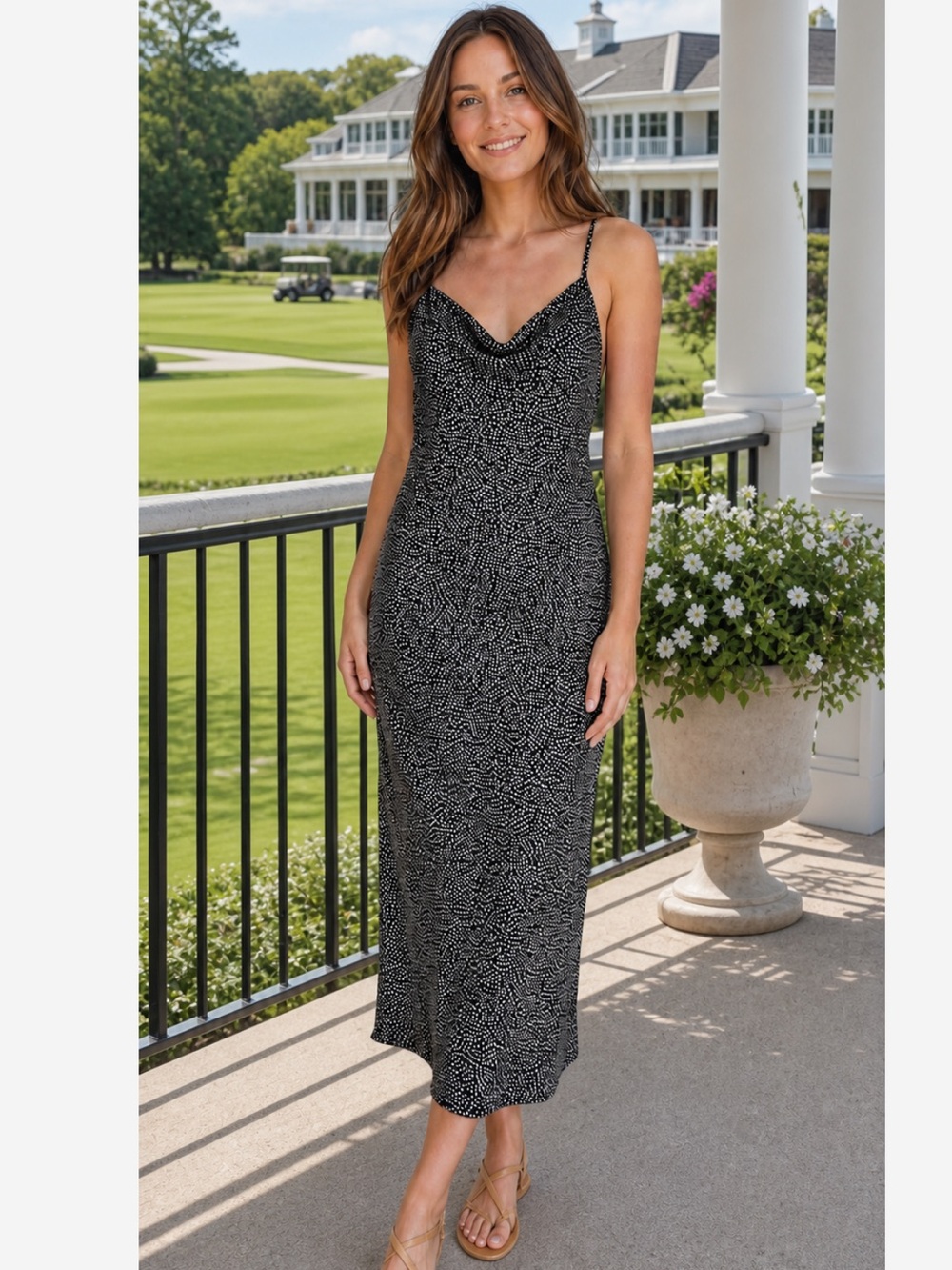 GAP "Love By Gap" Drape Neck Slitted Slip Dress, Pin-dot Black, Small